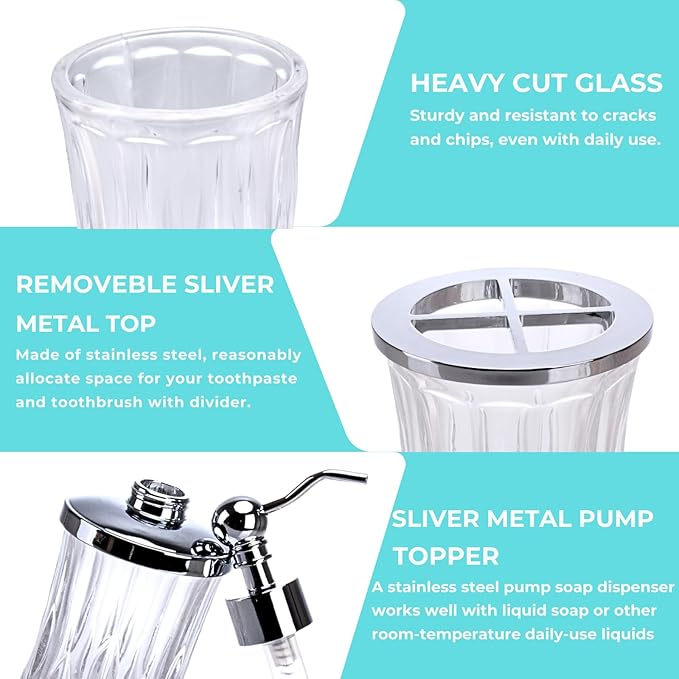 Bathroom Accessories Set,5 Pcs Clear Glass Bathroom Accessory Set,Complete Lotion Soap Dispenser,Toothbrush Holder,Soap Dish,Tumbler & Jar,Modern Bathroom Decor Sets Gift,Round
