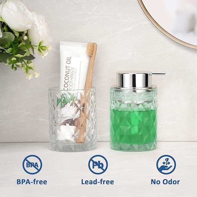 Bathroom Glass Soap Dispenser with Durable Rust-Proof Plastic Liquid Pump (Can't Foam) Hand Lotion Dispenser Antislip Shampoo Kitchen 10oz 2 Pack
