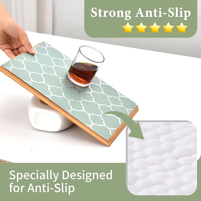 Shelf Liners for Kitchen Cabinets Non Adhesive Drawer Liner 17in x 30FT Light Green Quatrefoil Thickened Shelf Liner Strong Non-Slip Easy to Clean for Tool Box Refrigerator with Knife and Tape Measure