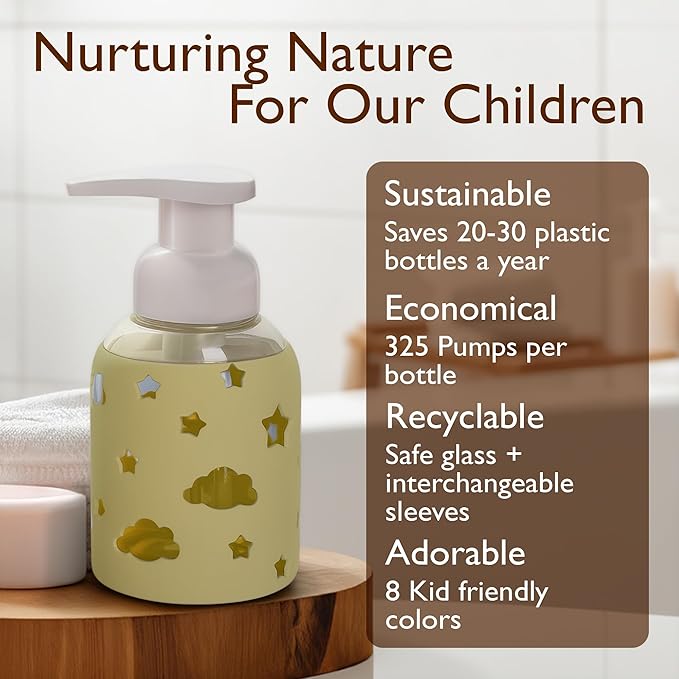 SoCal Suds & Company Foaming Hand Soap Dispenser Glass, Liquid Soap Pump with Cloud & Star Sleeve, Refillable Bottle for Kids, Baby Wash & Shampoo, Ideal for Bathroom & Kitchen Use, Light Yellow, 8oz