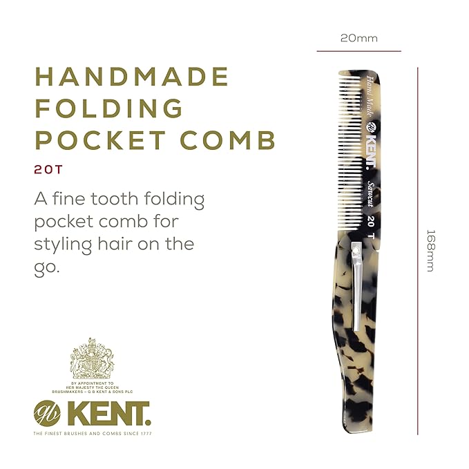 Kent 20T TW Handmade Folding Pocket Comb for Men, Fine Tooth Hair Comb Straightener for Everyday Grooming Styling Hair, Beard or Mustache, Use Dry or with Balms, Saw Cut Hand Polished, Made in England