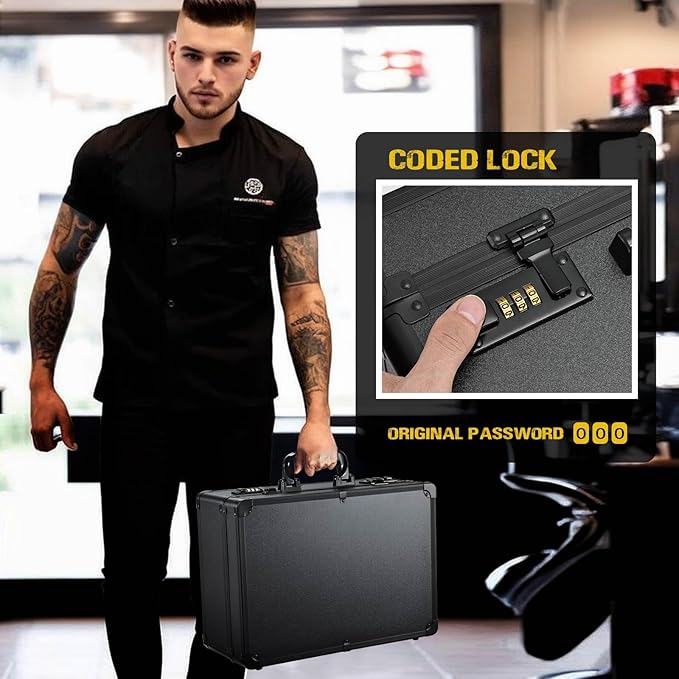 Barber Accessories Case, Profesional Barbers Briefcase Tool Case, Barber Cases for Clippers and Supplies, Hair Scissors Clippers Trimmer Organizer, Barbers Suitcase with Code Lock Black