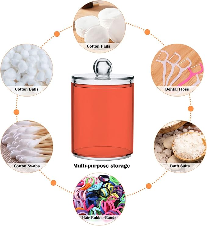 Tomato Red Qtip Holder Organizer Dispenser Cotton Swabs Cans Plastic Jars with Lid Set 4 Pack Bathroom Storage Canister for Cotton Ball Floss Cotton Pads