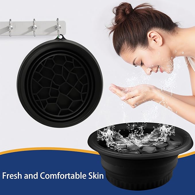 Large Bowl for Face Ice Bath, Foldable Facial Ice Bath with Built-in Icetray, Silicone Facial Ice Bath Bowl, Ice Face Bowl (Black)