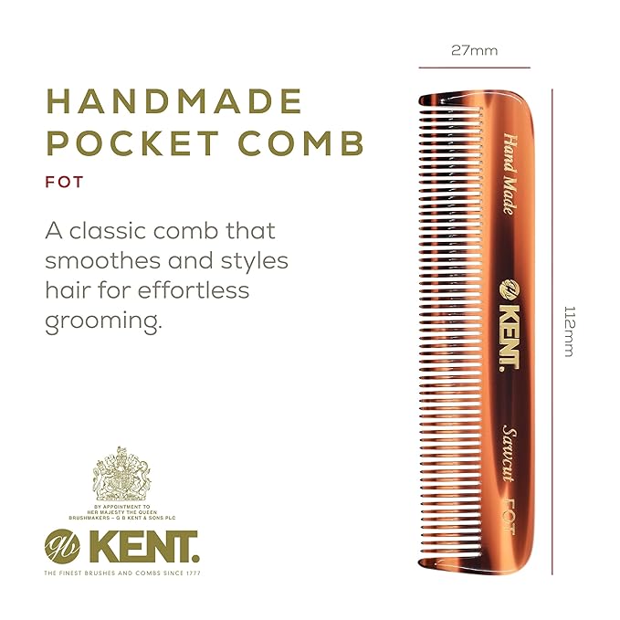 Kent FOT Handmade Pocket Comb for Men, Women and Kids, All Fine Tooth Hair Comb Straightener for Everyday Grooming and Styling Hair, Beard and Mustache, Saw Cut and Hand Polished, Made in England