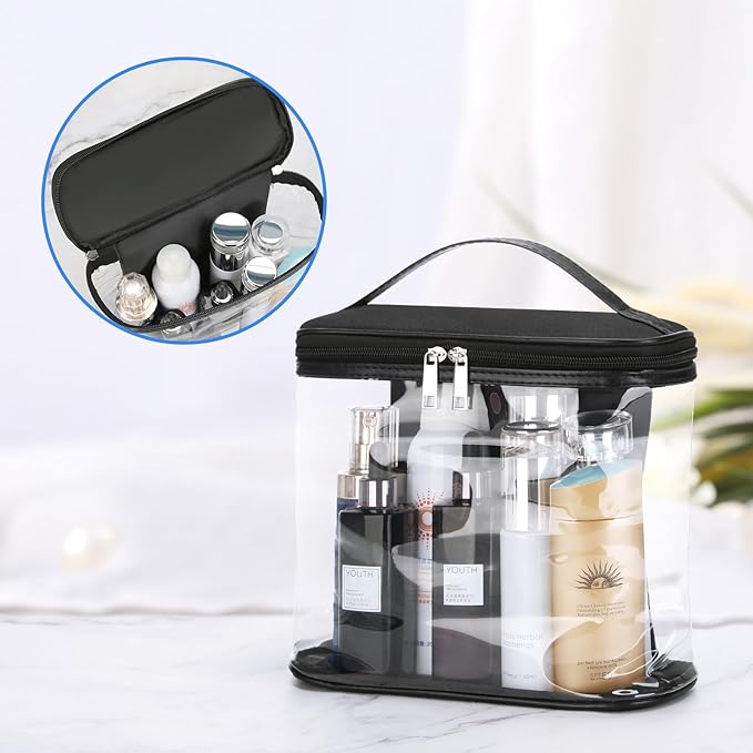 Heavy Duty Leak Proof Clear Travel Bags for Toiletries, Transparent Makeup Cosmetic Bag with Zipper and Handle (Large, Black)