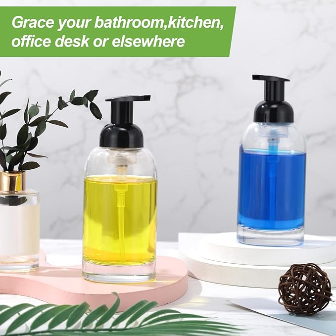 Eccliy 4 Pack 13 Oz Clear Glass Jar Soap Dispenser with Foaming Pump, Clear Thick Hand Liquid Dish Soap Dispenser Round Bottles for Bath Home Kitchen Oil Lotion