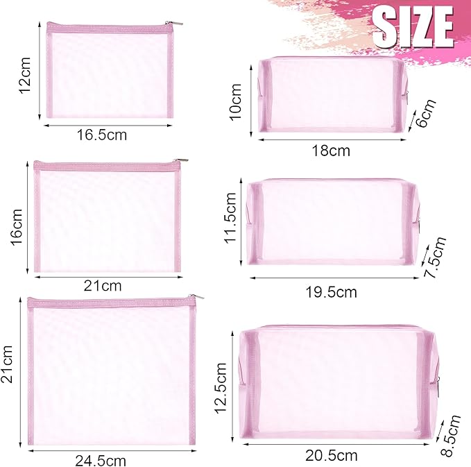 6 Pieces Mesh Makeup Bags Mesh Cosmetic Bag Portable Travel Organizing Zipper Pouch Toiletries Makeup Pouches for Home Office Travel Accessories