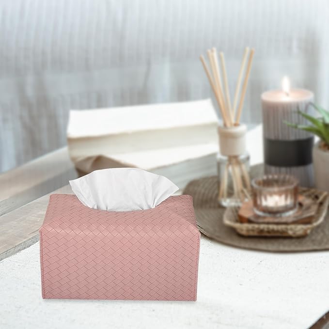 Tissue Box Cover PU Leather Tissue Holder Square Facial Tissue Case Facial Paper Organizer Dispenser for Bathroom, Vanity Countertop, Tabletop, Car, Rectangle, Pink