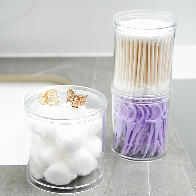 SheeChung 2-Pack Large 20oz Stackable Apothecary Jars - Clear Qtip Holder Dispenser with Storage Lids - Jumbo Size Bathroom Essentials Organizer for Cotton Balls, Pads, Bath Salts