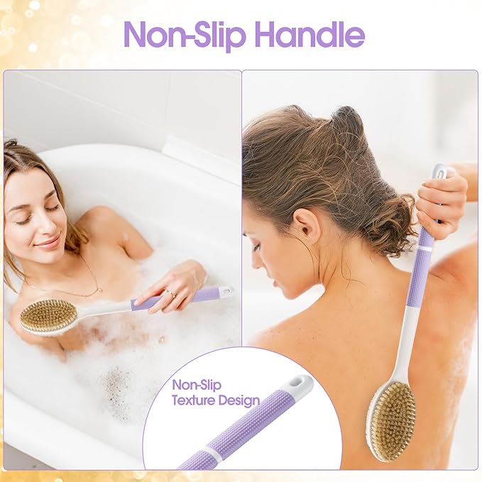 Back Scrubber Anti Slip for Shower, Long Handle Bath Brush with Stiff and Soft Bristles for Exfoliation, Dual-Use Shower and Dry Body Brush(Purple)