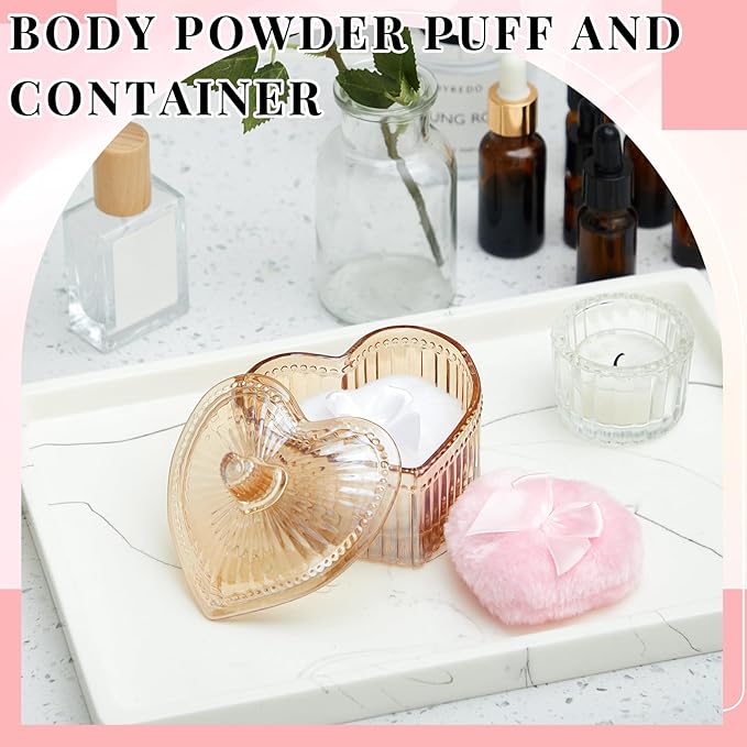 Tioncy 3 Pcs Large Body Powder Puff and Container Valentine's Day gift Powder Container with Puff Crystal Case Soft Washable Reusable Velour Face Body Glitter Wet Dry Makeup(Hammered Heart,Amber)