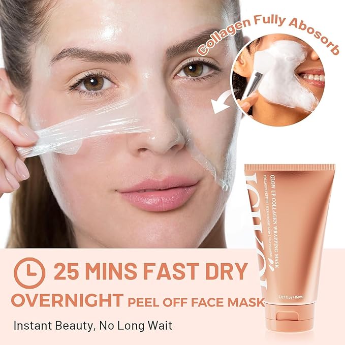 Collagen Peptides Night Wrapping Face Mask, Hyaluronic Acid Peel Off Masks with Vitamin E for Deep Hydrating and Smooth Looking, Overnight Facial Mask for Women Glass Skin, 150ML Large Size