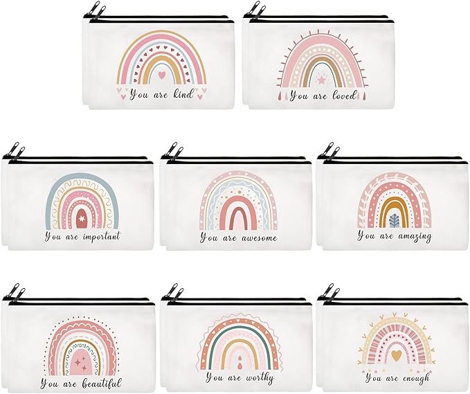 Yahenda 16 Pcs Canvas Makeup Bags Bulk for Women Inspirational Cosmetic Zipper Pencil Pouch Travel Toiletry Bag for Birthday Mother's Day Nurse Gifts(Rainbow)