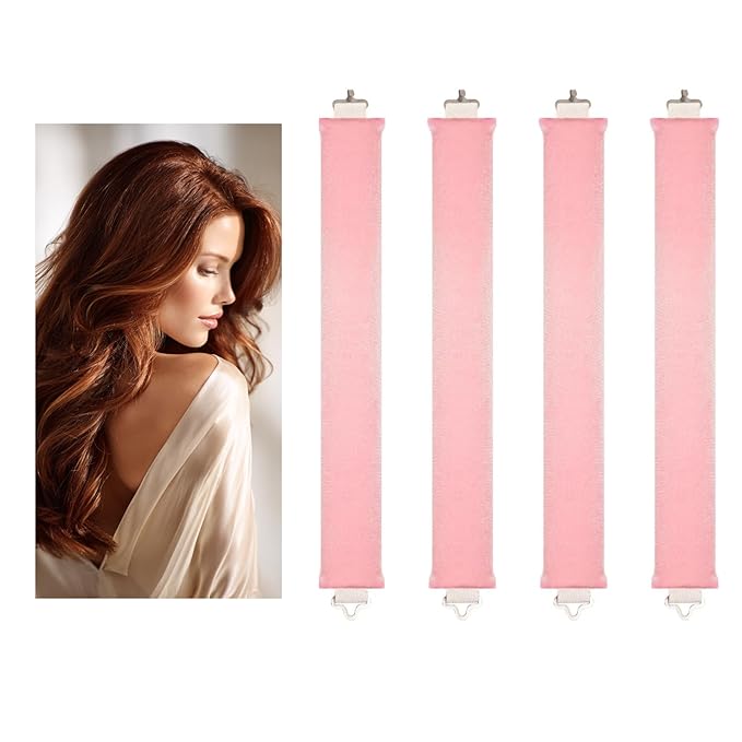 Luxury Velvet Sleep-In Curling Rods Set – 4 Heat-Free Overnight Hair Curlers for Effortless Waves & Volume – Suitable for All Hair Types (Pink)