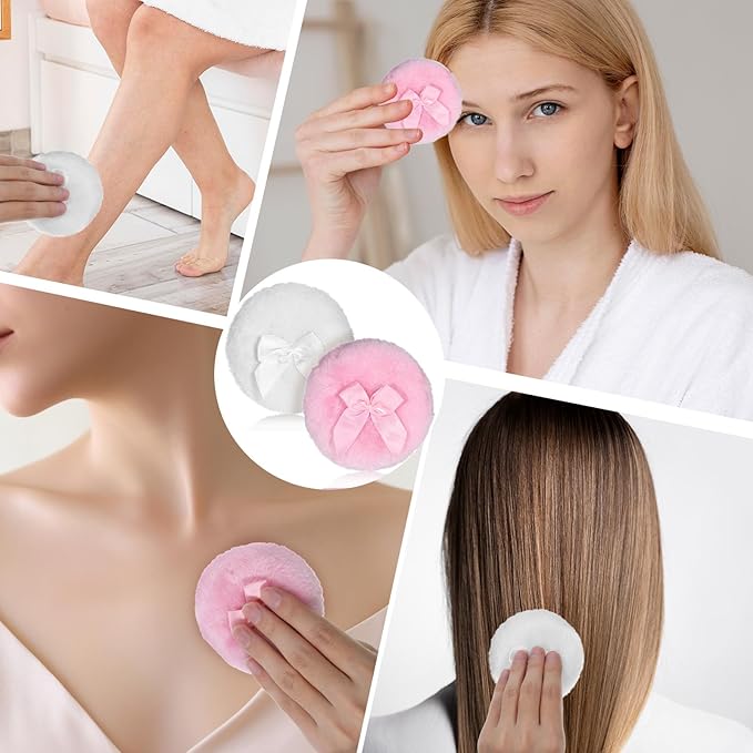 2 PCS Dusting Powder Puff, 3.4 Inch Soft Dusting Puffs Large Fluffy Powder Puff, Washable Reusable, Big Fluffy Puffs for Women Makeup Face Body(White+Pink)
