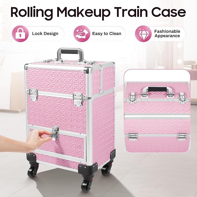 Rolling Makeup Case, Nail Storage Box with Wheels Portable Makeup Trolley for Beauty Studio Hairdressers Nail Technician (Pink)