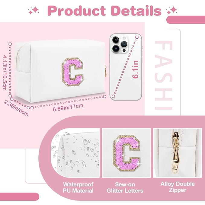 Small Initial Patch Makeup Bag Personalized Gifts Make Up Bag,White Cute PU Leather Glitter Letter Cosmetic Bag with Zipper,Trendy Portable Travel Toiletry Pouch,Preppy Stuff for Teen Girls Women C