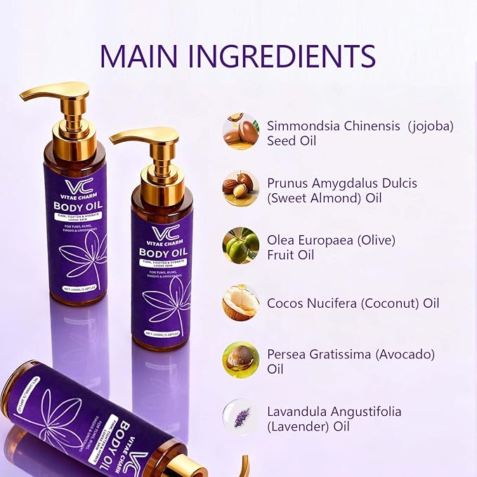 Vitae Charm Body Oil for Crepey Skin Repair, Luxury Cold-Pressed Body Oil for Skin Tightening & Deep Hydration, Blend of Jojoba, Almond & Coconut Oil for Smooth Skin, 3.4 fl oz