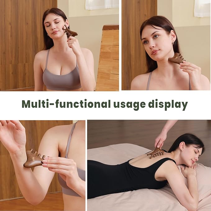 4-in-1 Wooden Gua Sha Facial Tools & Hair Detangler Brush Set – Manual Guasha tool for Face & Jawline Lifting, Double Chin Reduction, Scalp & Head Massager, Eye & Ear Acupressure, Gift for Women