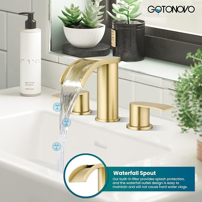 gotonovo Waterfall 8 inch Widespread Bathroom Faucet Set Bathroom Sink Faucet 3 Hole 2 Handle Vanity Lavatory Deck Mount with Pop Up Drain and Water Supply Lines Round Body Brushed Gold