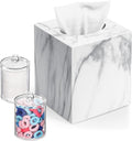 Tissue Box Cover, Square Facial Acrylic Tissue Holder with 2 Pack Clear Qtip Holder Dispenser, Bathroom Vanity Dresser Night Stand Essentials Accessories Decor, Modern Farmhouse Decor, Marble