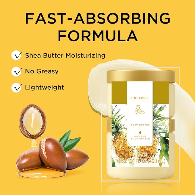 Princess Belle Pineapple Body Butter, Body Moisturizer for Dry Skin, Body Butter for Women Smell Good, Pineapple Gifts for Women-2 Pack (3.4floz + 6.8 floz)