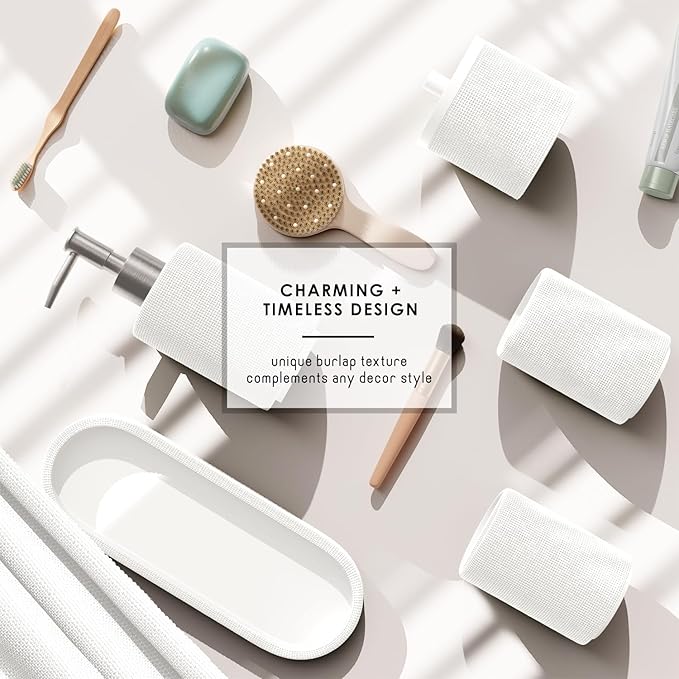 Clara Clark Bathroom Set - White Bathroom Accessories Set, 5PC Bathroom Accessory Set, Bathroom Sets with Soap Dispenser, Toothbrush Holder, Tumbler, Cotton Swab Jar & Vanity Tray