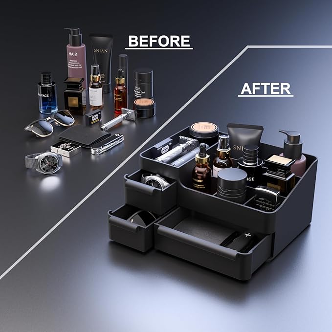 Mens Bathroom Countertop Organizer for Cologne - Vanity Organizer with Drawers for Men's Skincare, Shaving Kit, Razor, Deodorant & Perfume - Professional Grooming Station for Bathroom & Bedroom