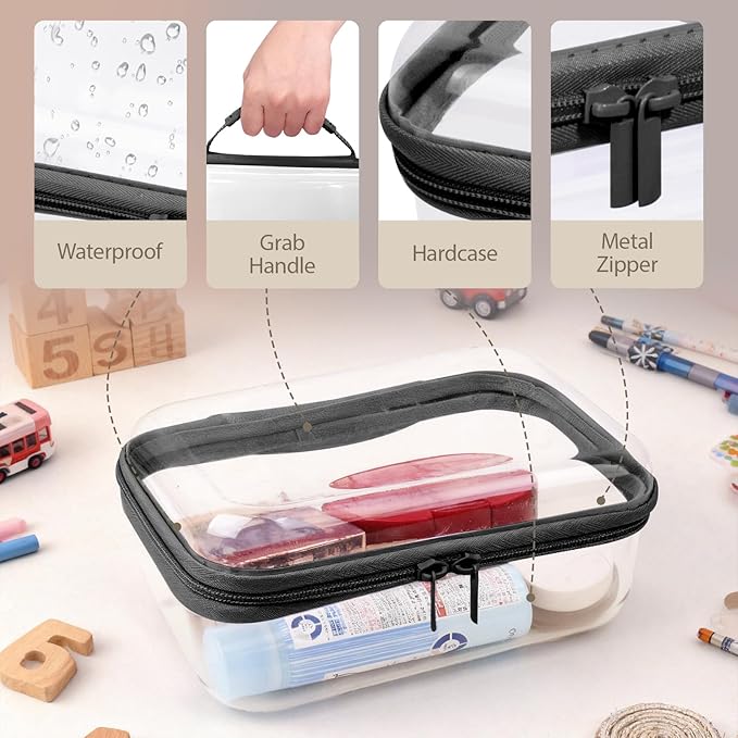 3 Pack Clear Hard Shell Zipper Case with Handle Waterproof Plastic Storage Pouches for Toiletry Makeup Cosmetic Toys Art Supplies Case Bag Organizer Travel