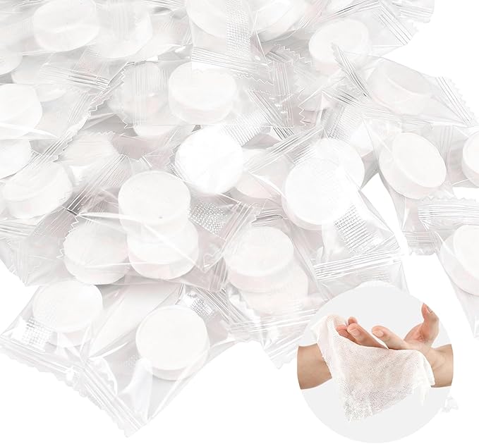 50 PCS Compressed Towel, Disposable Compressed Towel Tablets,Individually Packed,Coin-Sized Face Towels for Travel, Camping and Outdoor Sports