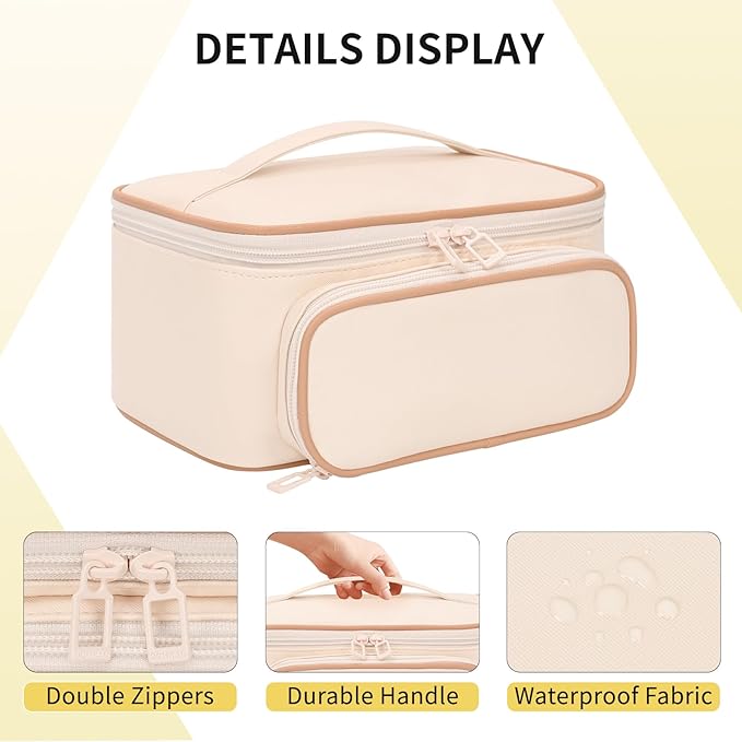 OCHEAL Makeup Bag, Multifunctional Large Compact Organizer Cosmetics Toiletry Brushes Storage Case for Women Girls with Handle Divider - Beige