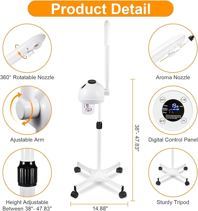 Professional Facial Steamer, Vaporizador Facial with Mist Adjustable & Timer, Ionic Steam Intensity Adjustable & Movable Arm, Preheating Esthetician Steamer, Home Beauty Salon SPA