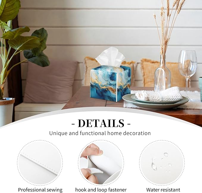 Blue Gold Marble Tissue Box Cover Square,Abstract Liquid Marble Texture Tissue Box Holder Waterproof Leather Facial Paper Organizer Dispenser for Bathroom Home Car Nightstand Vanity Desk