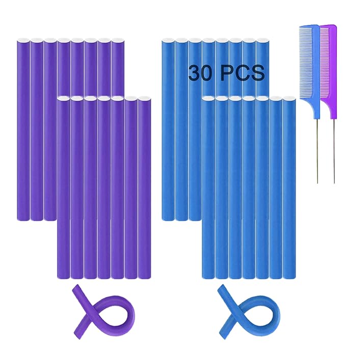 Flexible Curling Rods, 30Pcs Flexirods Long Flexible Heatless Twist Bendable Foam Hair Curls for Long Medium Short Hair, Combs - Rubber, Purple, Blue ( 9.45 x 0.55 inch ), 32 Count