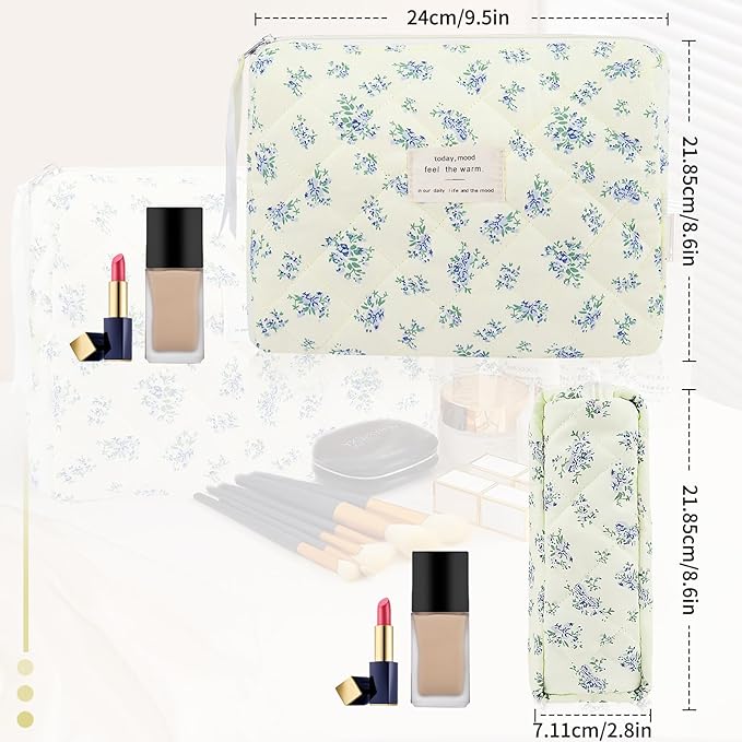 Floral Makeup Bag, Small Cosmetic Bag for Women Girls, Cute Cotton Makeup Bag, Quilted Makeup Bags, Flower Travel Toiletry Organizer Bag(LSHH)
