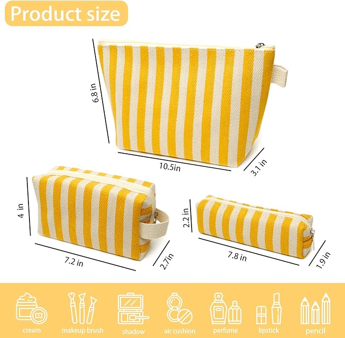 3 Pcs Makeup Bag Set Striped Canvas Purse Cosmetic Bag For Women Travel Toiletry Pouch Organizer pencil case (Yellow-White)