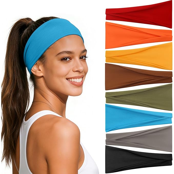 Headbands for Women, 8 Pack Non-Slip Moisture Wide Head Bands, Stretchy Elastic, Multiple Colors Securing Hair for Fashion, Yoga, Running, Daily life (Yellow/Orange-Red/Deep Sea Blue)