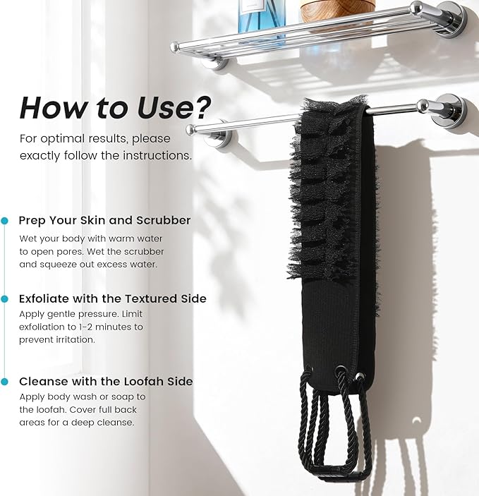 Back Scrubber with Handles for Shower, 40 Inches Dual-Sided Back Washer with Exfoliating Texture and Loofah for Men, Women and Elderly, Bath Back Exfoliator Body Cleaner for Deep Cleansing