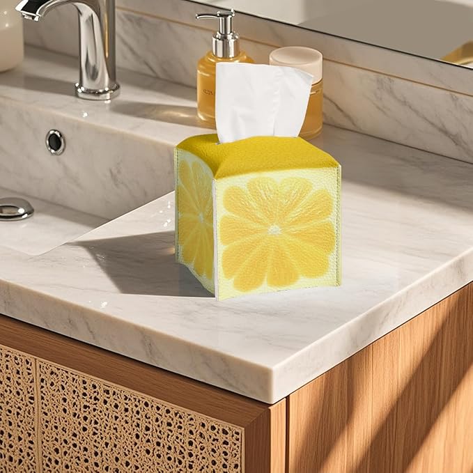 Cute Fruit Tissue Box Cover Funny Yellow Lemon Leather Tissue Box Holder Square Facial Paper Organizer Dispenser for Bathroom Kitchen Bedroom Vanity Countertop Night Stands