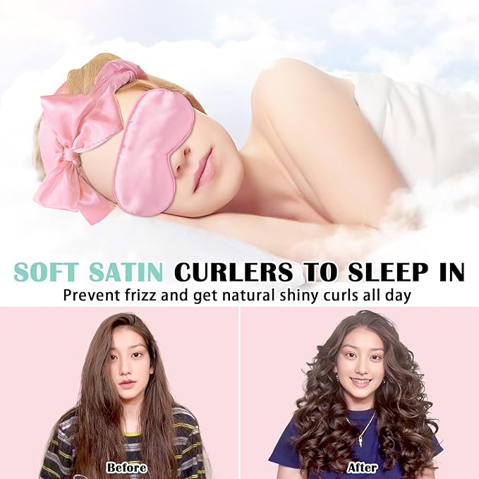 Satin Heatless Curls Overnight Hair Curlers to Sleep In Hair Curler Rollers No Heat Hair Wrap for Curls Headband, 70" Satin Heatless Curling Rod Set for Women Long Waves Hair Volume-Pink 10PCS