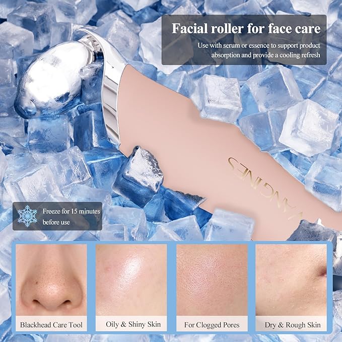 3-in-1 Blackhead Remover Tool with Ice Roller & 2 Silicone Brush Heads - Pore Cleaning Face Spatula, Stainless Steel Skin Scraper for Nose, T-Zone Deep Cleansing (Dusty Rose)