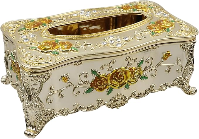 9.45"x5.43"x3.94" Luxurious Rose Tissue Box with Imitation Diamonds, Embossed Flowers, Elegant Tissue Paper Holders for Home Toilet Bath Hotel,Gold-Yellow