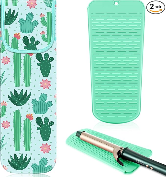 Shappy 2 Pcs Heat Resistant Hair Tools Bag Curling Iron Travel Case Cover Neoprene Flat Iron Holder Travel Case and Silicone Mat Pouch for Hot Hair Tools Storage Organizer(Cactus Style)