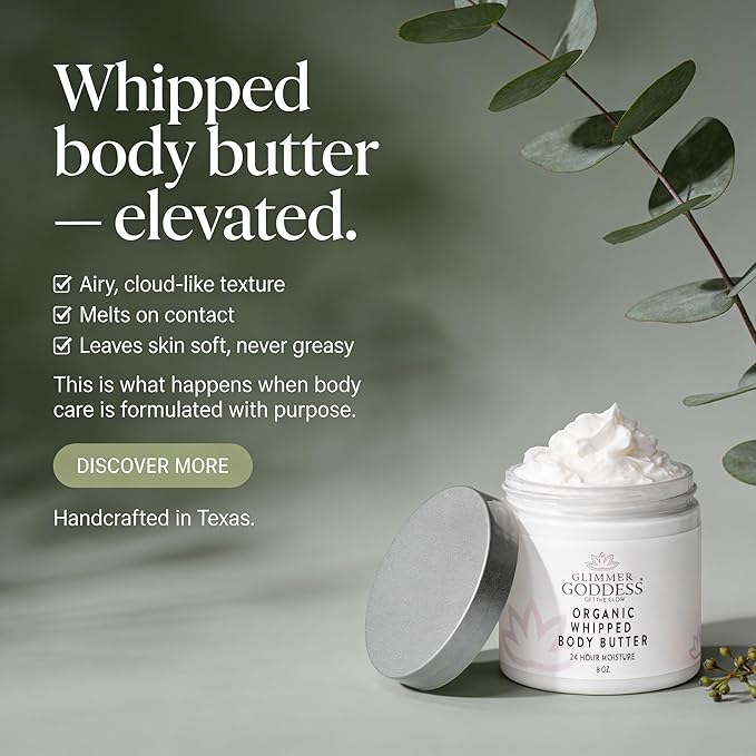 GLIMMER GODDESS Organic Whipped Body Butter for Women - Moisturizer Cream with Shea & Cocoa Butter, Almonds & Coconut Oil - Coconut, 8oz