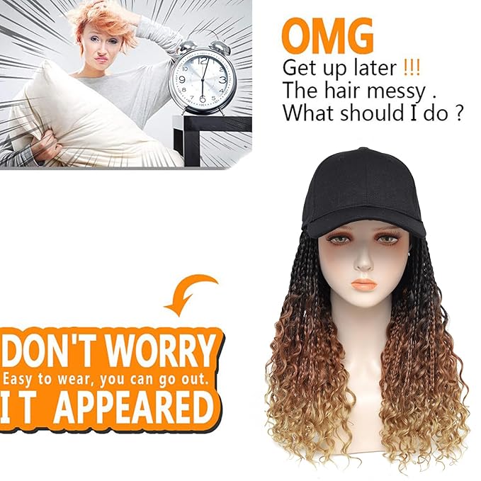 GUOJIAN Goddess Box Braids Baseball Cap Wig Bohemian Curly Ends Box Braiding Hat with Crochet Hair Extensions for Black White Women Synthetic Braids Hat Wig with Hair Attached (16inch, T1B/30/27)