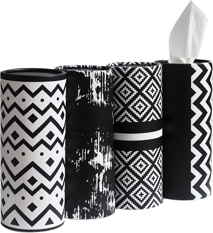 Winoo Design Small Car Tissues Holder - 4PK Modern Black Plastic & Resin Facial Tissues Cylinder - Fits Most Car Cup Holders - Travel Tissue Tubes Box Container