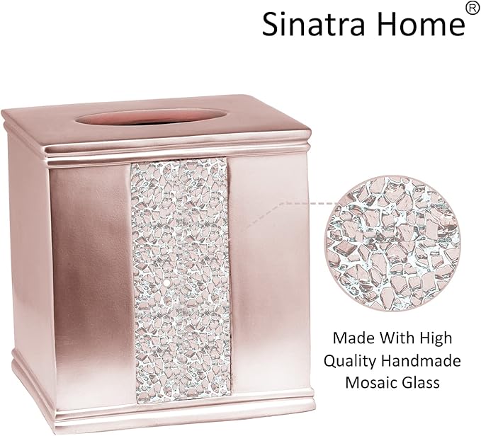 Zahari Home 2pc Sinatra Modern Bath Accessories Set Waste Basket & Tissue Box Modern Decorative Beautiful Designs Bathroom Decor Set for Home Blush Bathroom Set Mosaic Glass