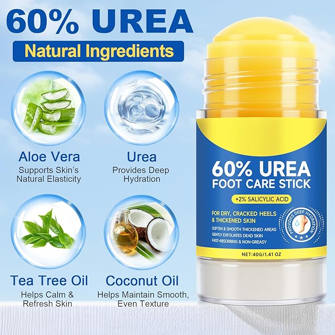 60% Urea with 2% Salicylic Acid Urea Foot Care Stick, 2PCS Heel Stick for Cracked Feet, Foot Care Cream Moisturizer for Dry Cracked Feet, Knees, Elbows, Hands