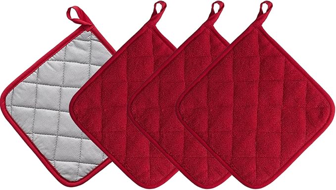 Kitchen Pot Holders Set Heat Resistant Pure Cotton Potholders Kit Trivets Large Coasters Hot Pads Terry Pot Holders for Everyday Cooking and Baking by 7 x 7 Inch Set of 4 Red